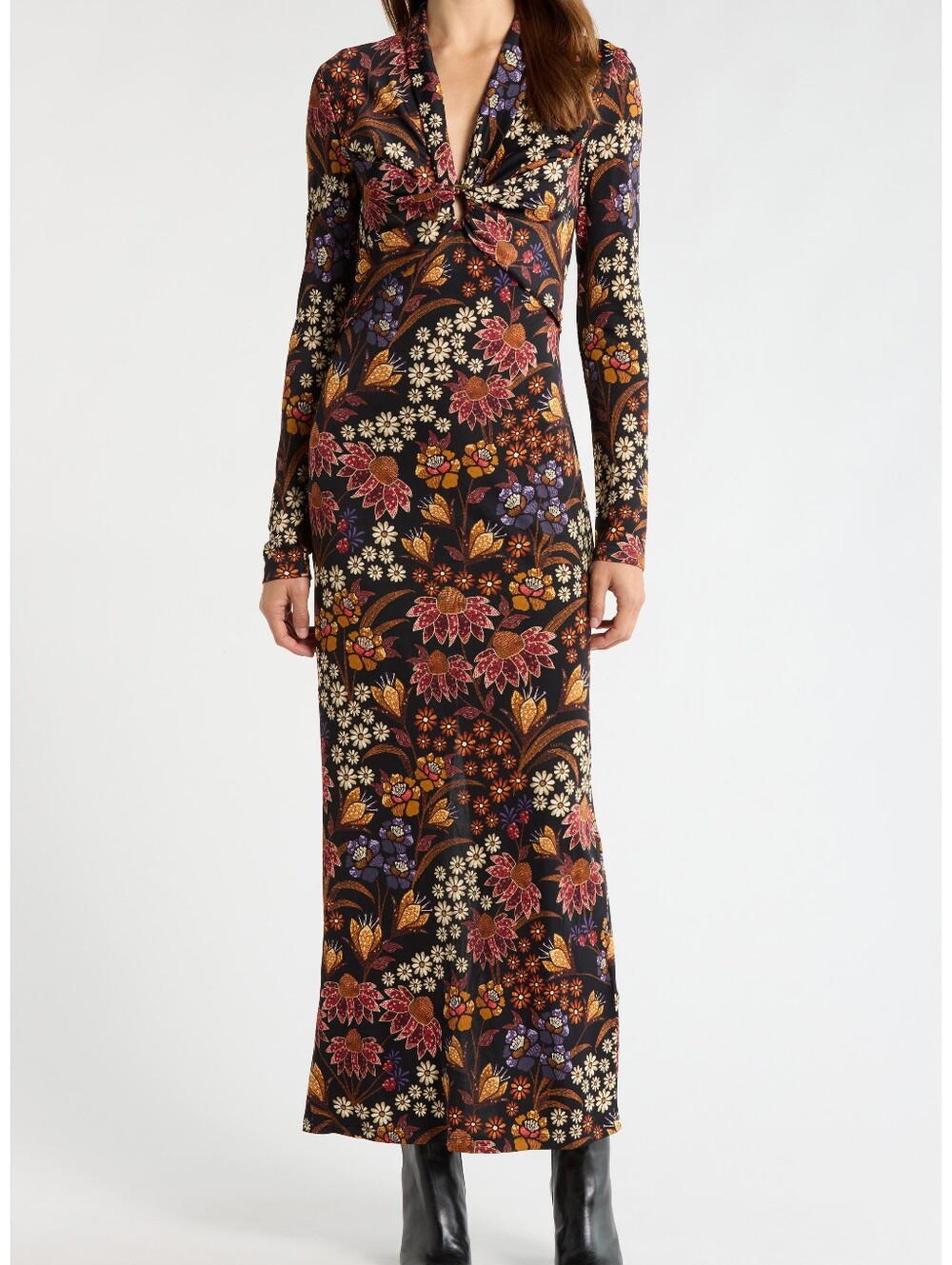 FARM Rio Black Floral Twist-Front Maxi Dress with Multicolor Blooms